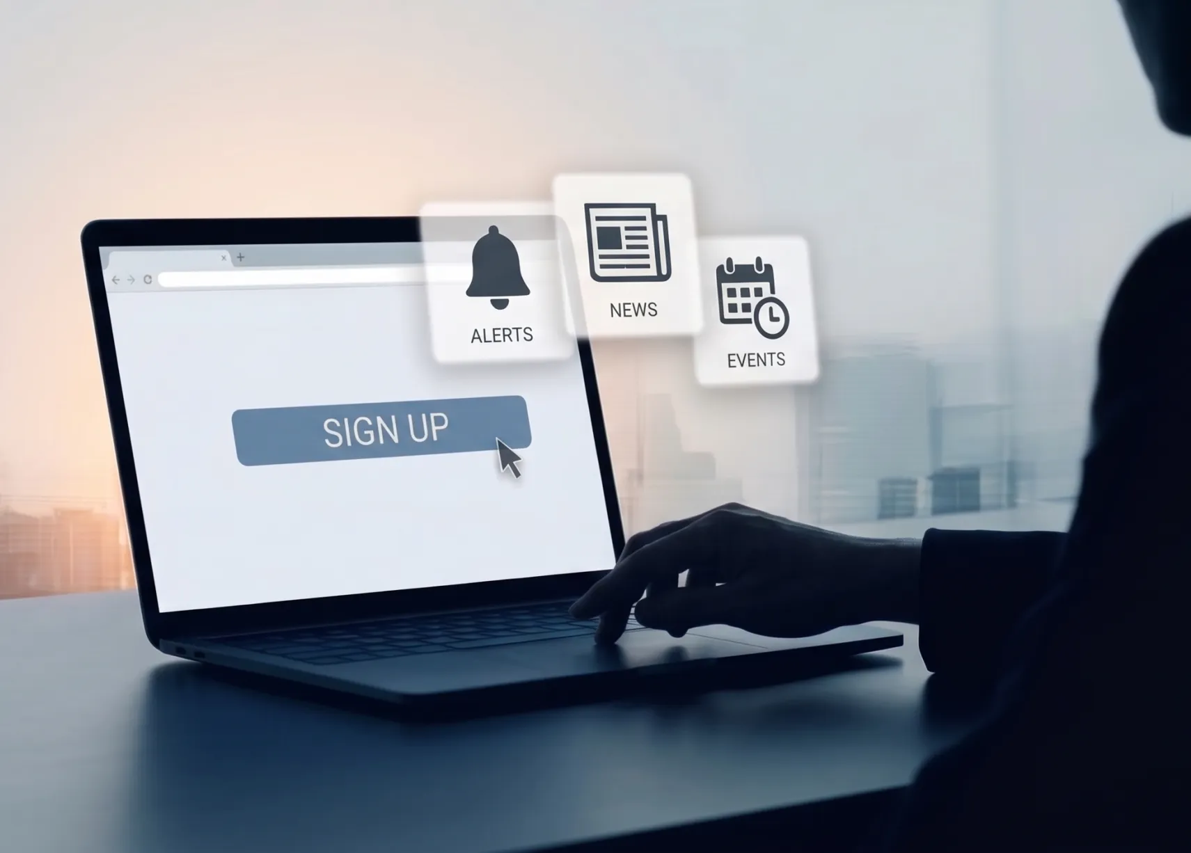 person on computer with a button on the screen that reads "Sign Up"